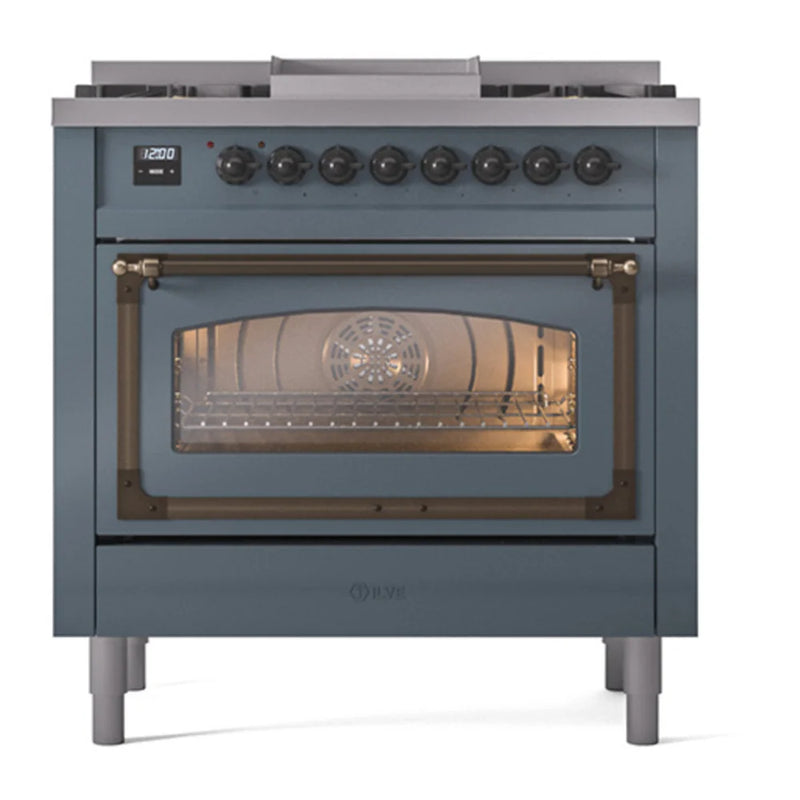 ILVE Nostalgie II Noblesse 36" Dual Fuel Freestanding Range in Blue Grey with Burnished Trim, UN36FNMPBGB