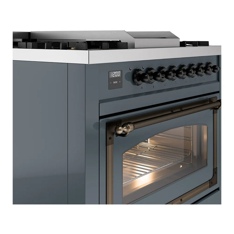 ILVE Nostalgie II Noblesse 36" Dual Fuel Freestanding Range in Blue Grey with Burnished Trim, UN36FNMPBGB