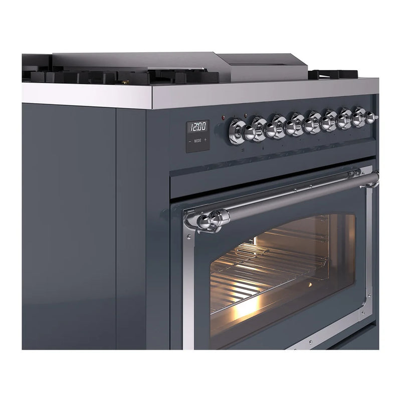 ILVE Nostalgie II Noblesse 36" Dual Fuel Freestanding Range in Blue Grey with Chrome Trim, UN36FNMPBGCLP