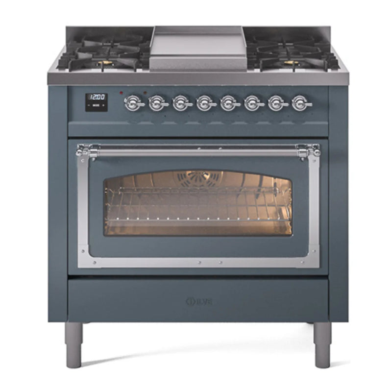 ILVE Nostalgie II Noblesse 36" Dual Fuel Freestanding Range in Blue Grey with Chrome Trim, UN36FNMPBGC
