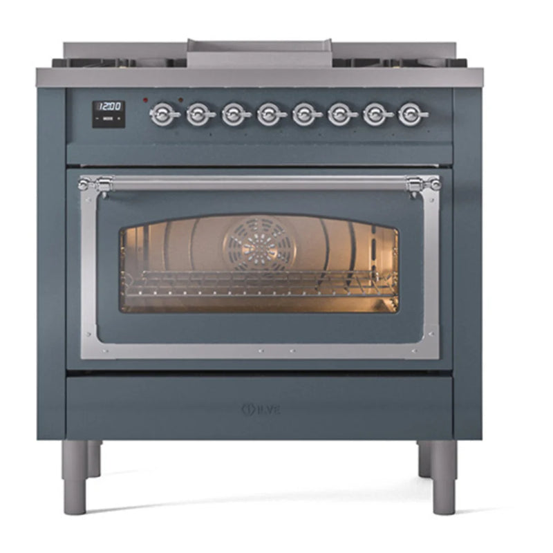 ILVE Nostalgie II Noblesse 36" Dual Fuel Freestanding Range in Blue Grey with Chrome Trim, UN36FNMPBGC