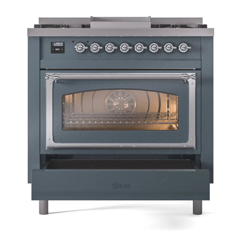 ILVE Nostalgie II Noblesse 36" Dual Fuel Freestanding Range in Blue Grey with Chrome Trim, UN36FNMPBGC