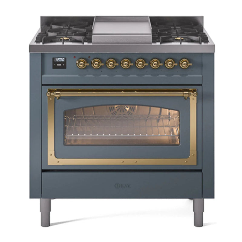 ILVE Nostalgie II Noblesse 36" Dual Fuel Freestanding Range in Blue Grey with Brass Trim, UN36FNMPBGGLP