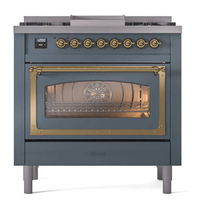 ILVE Nostalgie II Noblesse 36" Dual Fuel Freestanding Range in Blue Grey with Brass Trim, UN36FNMPBGGLP