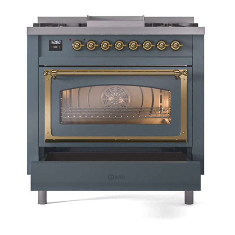 ILVE Nostalgie II Noblesse 36" Dual Fuel Freestanding Range in Blue Grey with Brass Trim, UN36FNMPBGG
