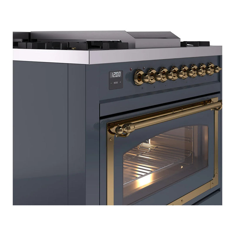 ILVE Nostalgie II Noblesse 36" Dual Fuel Freestanding Range in Blue Grey with Brass Trim, UN36FNMPBGG