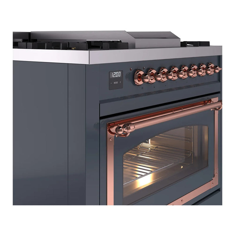 ILVE Nostalgie II Noblesse 36" Dual Fuel Freestanding Range in Blue Grey with Copper Trim, UN36FNMPBGPLP