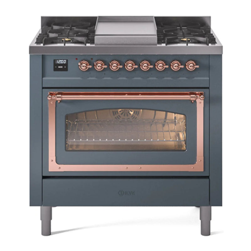 ILVE Nostalgie II Noblesse 36" Dual Fuel Freestanding Range in Blue Grey with Copper Trim, UN36FNMPBGP
