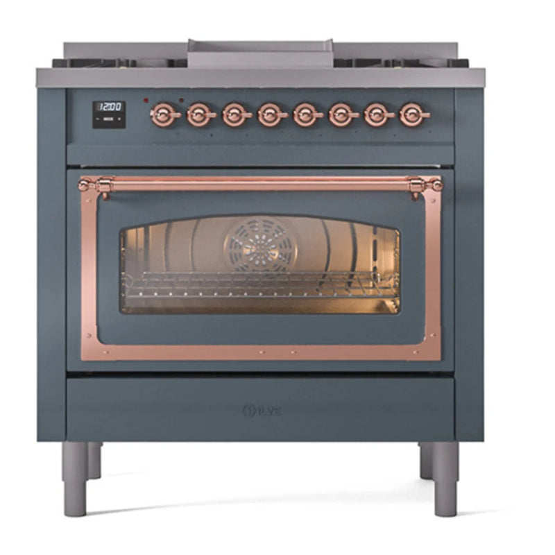 ILVE Nostalgie II Noblesse 36" Dual Fuel Freestanding Range in Blue Grey with Copper Trim, UN36FNMPBGP