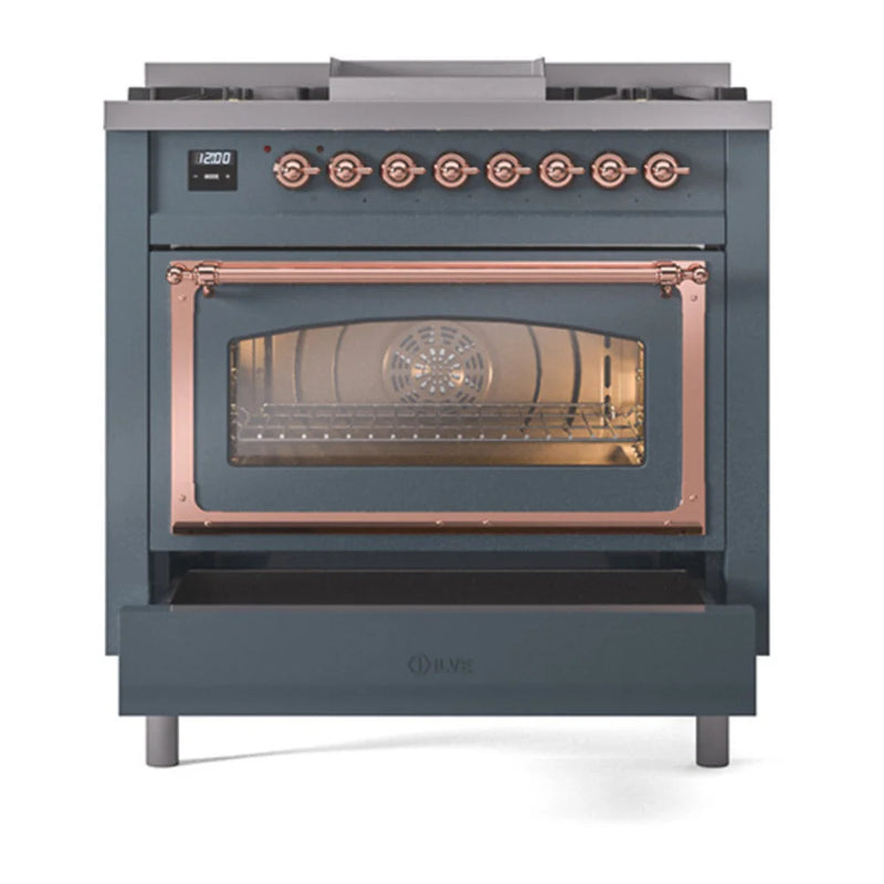 ILVE Nostalgie II Noblesse 36" Dual Fuel Freestanding Range in Blue Grey with Copper Trim, UN36FNMPBGP