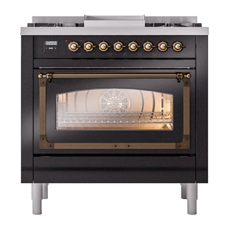 ILVE Nostalgie II Noblesse 36" Dual Fuel Freestanding Range in Glossy Black with Burnished Trim, UN36FNMPBKBLP