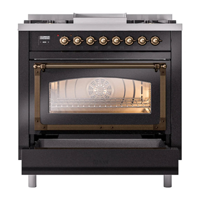 ILVE Nostalgie II Noblesse 36" Dual Fuel Freestanding Range in Glossy Black with Burnished Trim, UN36FNMPBKBLP