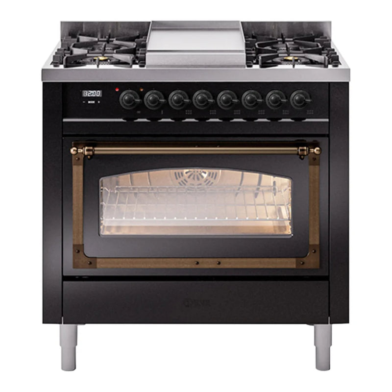 ILVE Nostalgie II Noblesse 36" Dual Fuel Freestanding Range in Glossy Black with Burnished Trim, UN36FNMPBKB