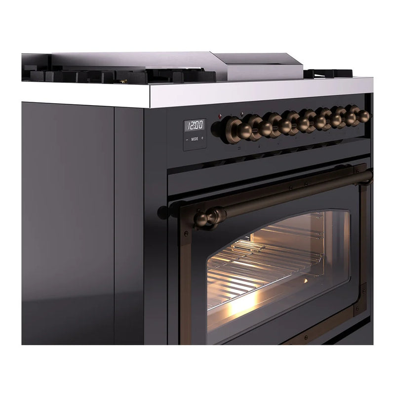 ILVE Nostalgie II Noblesse 36" Dual Fuel Freestanding Range in Glossy Black with Burnished Trim, UN36FNMPBKB