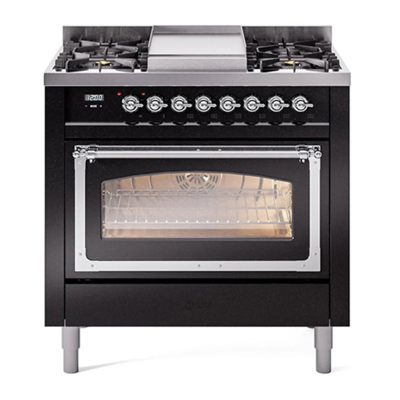 ILVE Nostalgie II Noblesse 36" Dual Fuel Freestanding Range in Glossy Black with Chrome Trim, UN36FNMPBKC