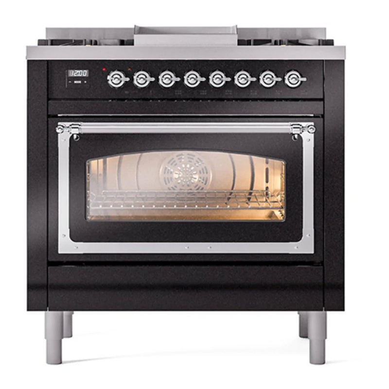 ILVE Nostalgie II Noblesse 36" Dual Fuel Freestanding Range in Glossy Black with Chrome Trim, UN36FNMPBKC