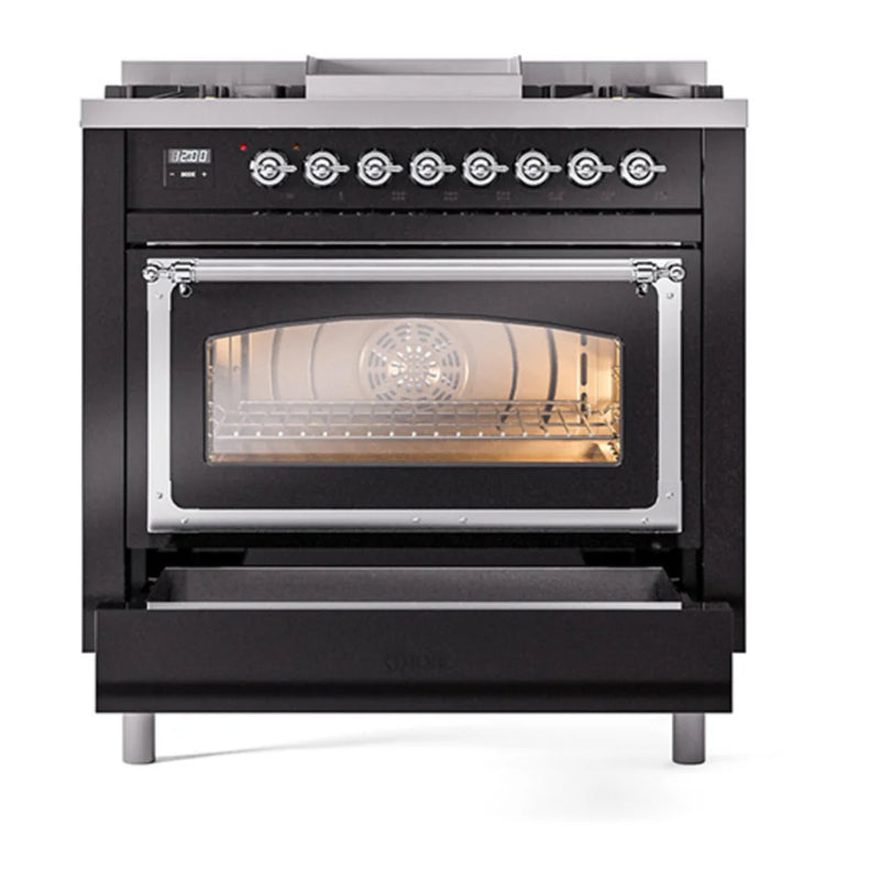 ILVE Nostalgie II Noblesse 36" Dual Fuel Freestanding Range in Glossy Black with Chrome Trim, UN36FNMPBKC