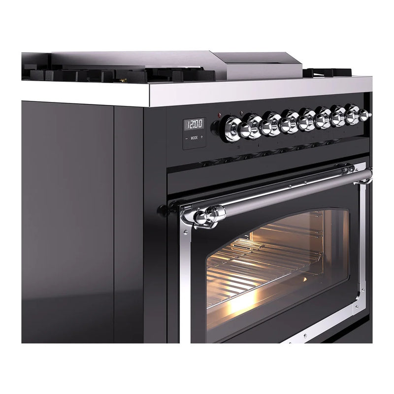 ILVE Nostalgie II Noblesse 36" Dual Fuel Freestanding Range in Glossy Black with Chrome Trim, UN36FNMPBKC