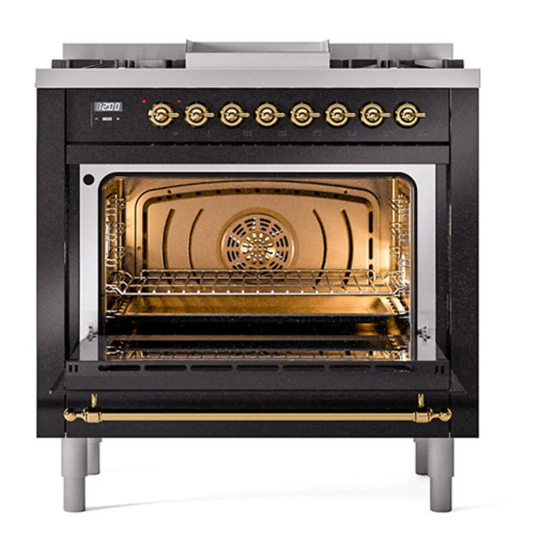 ILVE Nostalgie II Noblesse 36" Dual Fuel Freestanding Range in Glossy Black with Brass Trim, UN36FNMPBKGLP