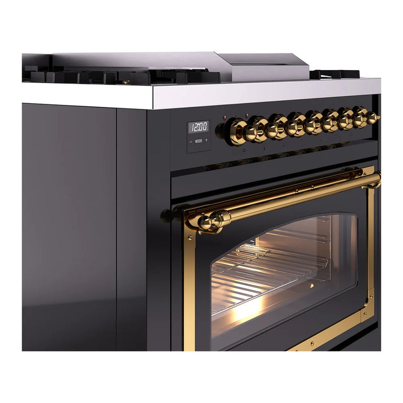 ILVE Nostalgie II Noblesse 36" Dual Fuel Freestanding Range in Glossy Black with Brass Trim, UN36FNMPBKGLP