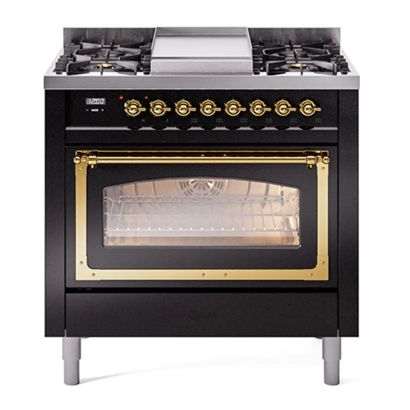 ILVE Nostalgie II Noblesse 36" Dual Fuel Freestanding Range in Glossy Black with Brass Trim, UN36FNMPBKG