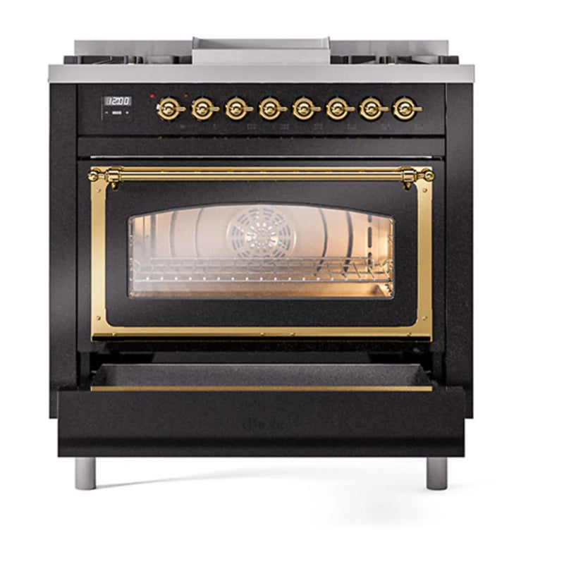 ILVE Nostalgie II Noblesse 36" Dual Fuel Freestanding Range in Glossy Black with Brass Trim, UN36FNMPBKG