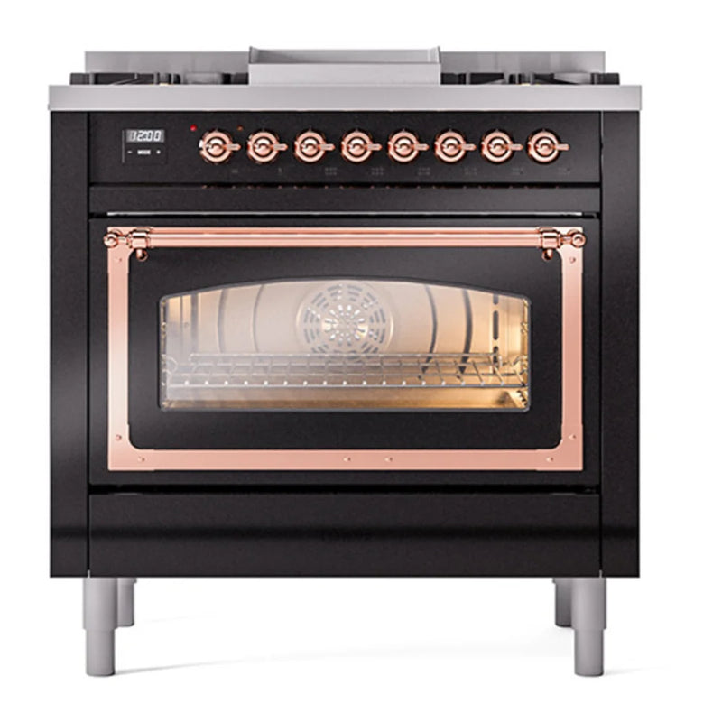 ILVE Nostalgie II Noblesse 36" Dual Fuel Freestanding Range in Glossy Black with Copper Trim, UN36FNMPBKPLP