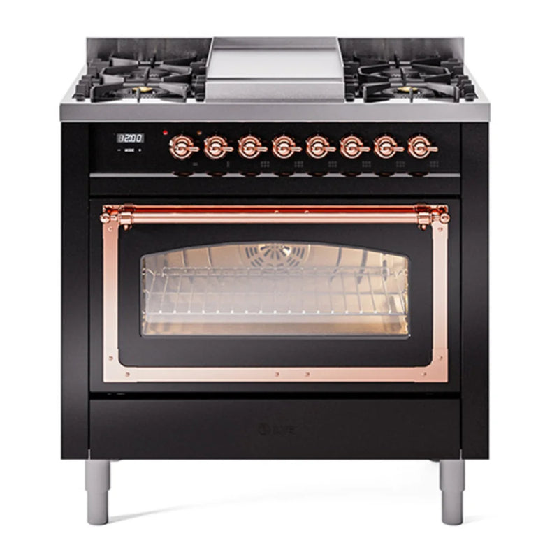 ILVE Nostalgie II Noblesse 36" Dual Fuel Freestanding Range in Glossy Black with Copper Trim, UN36FNMPBKP