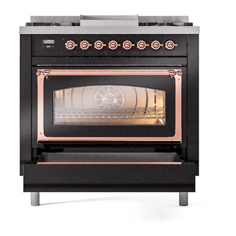 ILVE Nostalgie II Noblesse 36" Dual Fuel Freestanding Range in Glossy Black with Copper Trim, UN36FNMPBKP