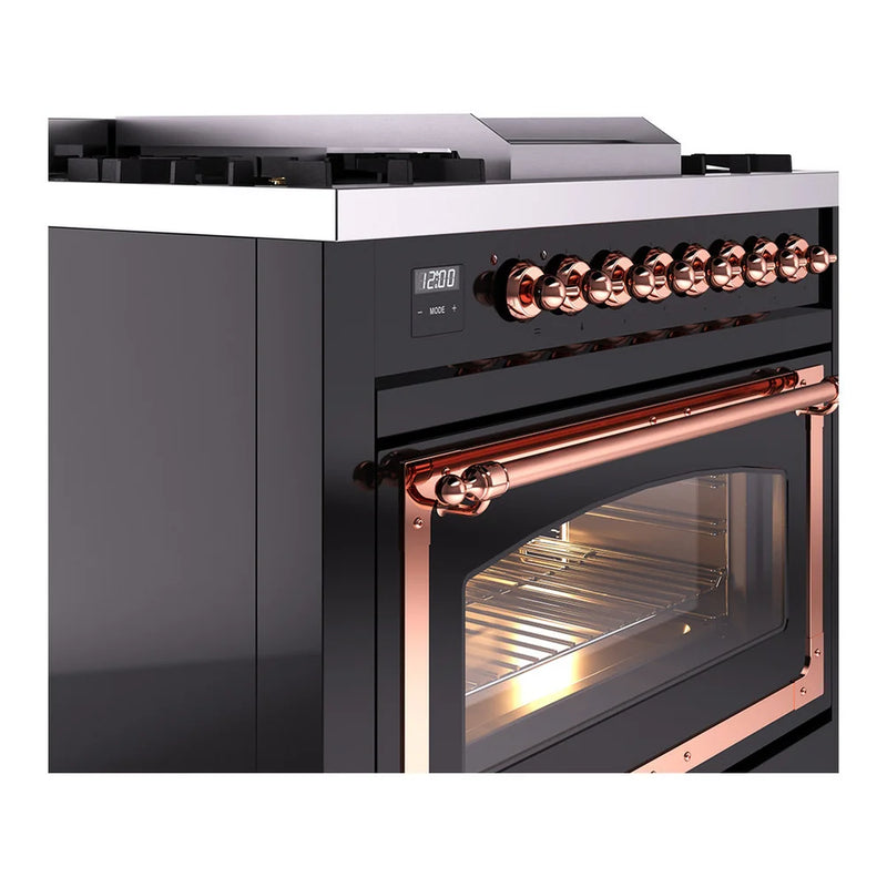 ILVE Nostalgie II Noblesse 36" Dual Fuel Freestanding Range in Glossy Black with Copper Trim, UN36FNMPBKP