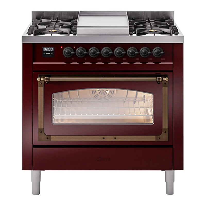 ILVE Nostalgie II Noblesse 36" Dual Fuel Freestanding Range in Burgundy with Burnished Trim, UN36FNMPBUBLP