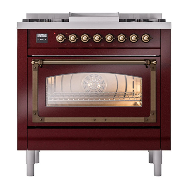 ILVE Nostalgie II Noblesse 36" Dual Fuel Freestanding Range in Burgundy with Burnished Trim, UN36FNMPBUB