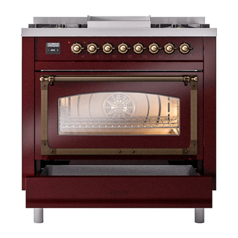 ILVE Nostalgie II Noblesse 36" Dual Fuel Freestanding Range in Burgundy with Burnished Trim, UN36FNMPBUB