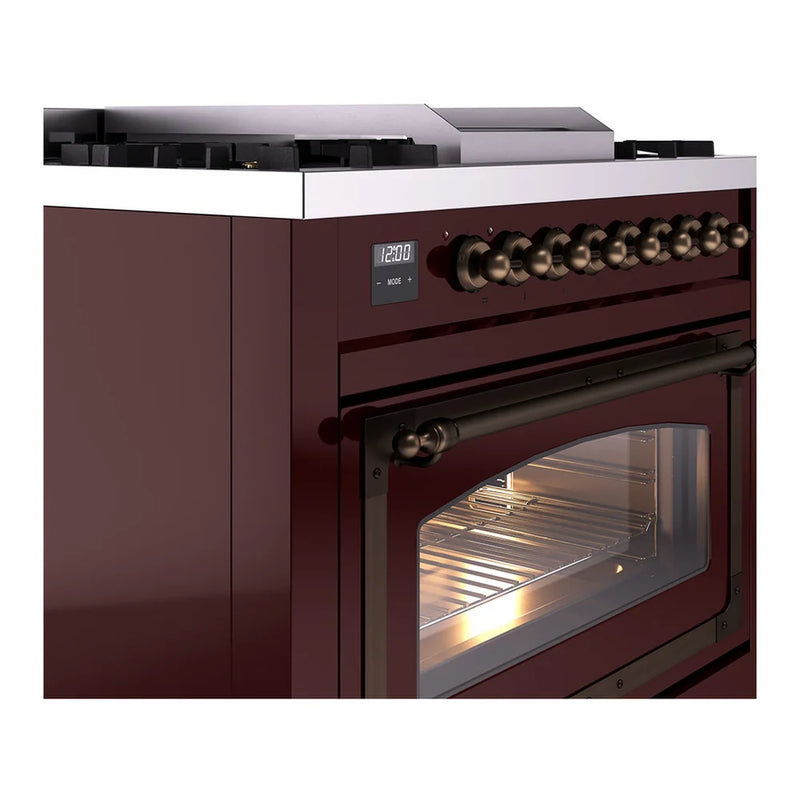 ILVE Nostalgie II Noblesse 36" Dual Fuel Freestanding Range in Burgundy with Burnished Trim, UN36FNMPBUB