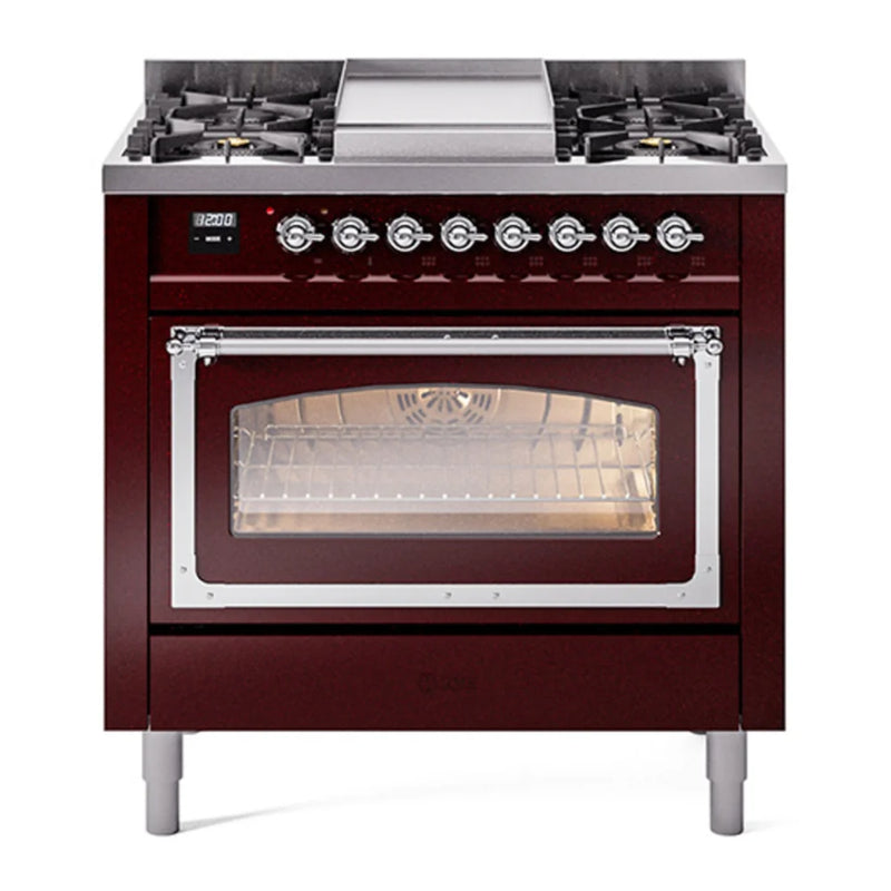 ILVE Nostalgie II Noblesse 36" Dual Fuel Freestanding Range in Burgundy with Chrome Trim, UN36FNMPBUCLP