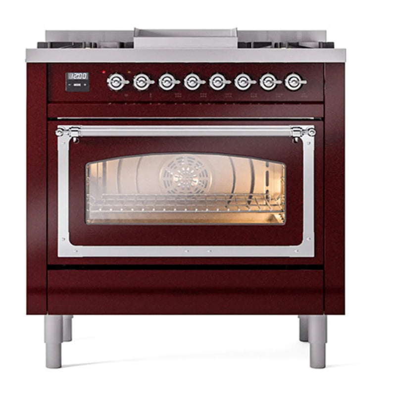 ILVE Nostalgie II Noblesse 36" Dual Fuel Freestanding Range in Burgundy with Chrome Trim, UN36FNMPBUCLP