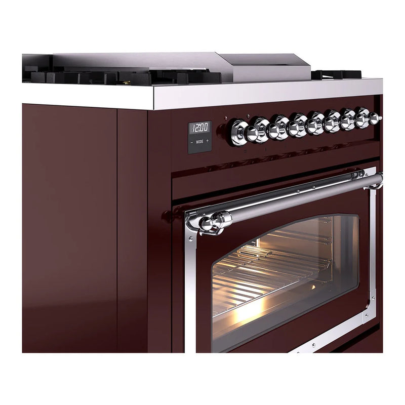 ILVE Nostalgie II Noblesse 36" Dual Fuel Freestanding Range in Burgundy with Chrome Trim, UN36FNMPBUCLP