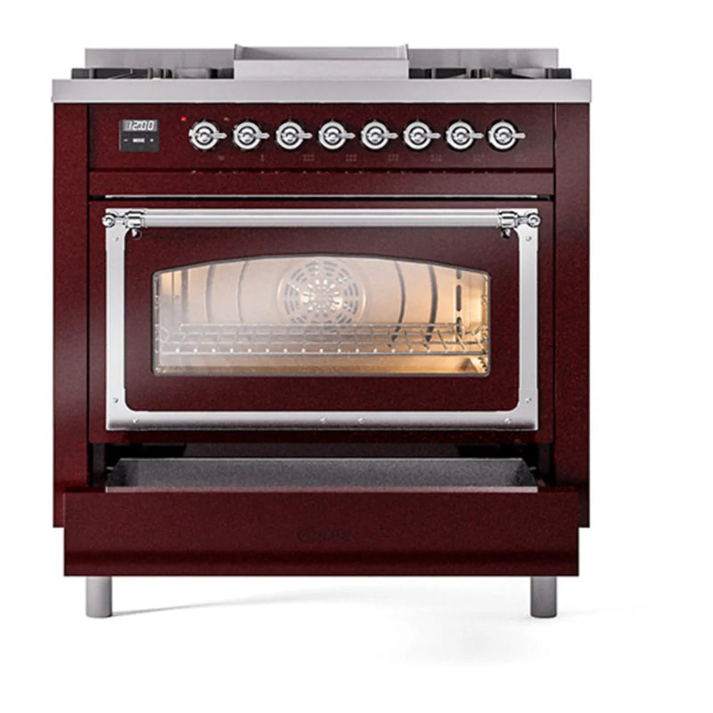 ILVE Nostalgie II Noblesse 36" Dual Fuel Freestanding Range in Burgundy with Chrome Trim, UN36FNMPBUC