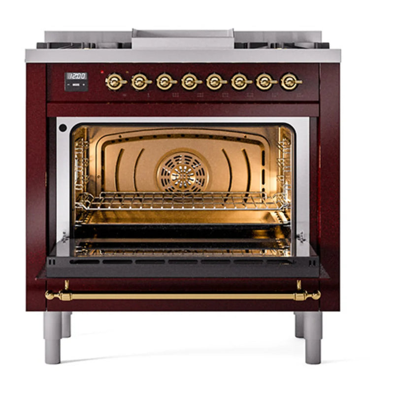 ILVE Nostalgie II Noblesse 36" Dual Fuel Freestanding Range in Burgundy with Brass Trim, UN36FNMPBUGLP