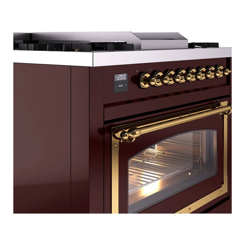 ILVE Nostalgie II Noblesse 36" Dual Fuel Freestanding Range in Burgundy with Brass Trim, UN36FNMPBUGLP