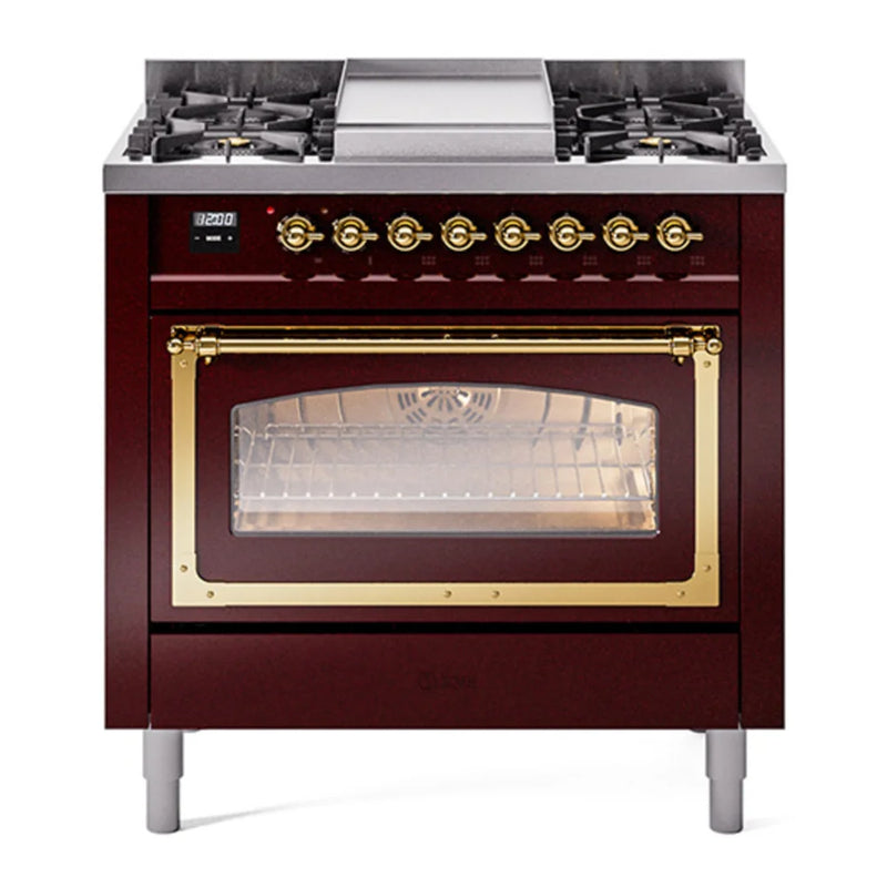ILVE Nostalgie II Noblesse 36" Dual Fuel Freestanding Range in Burgundy with Brass Trim, UN36FNMPBUG