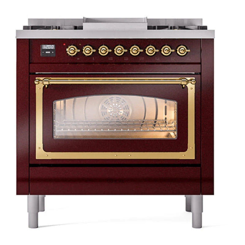 ILVE Nostalgie II Noblesse 36" Dual Fuel Freestanding Range in Burgundy with Brass Trim, UN36FNMPBUG