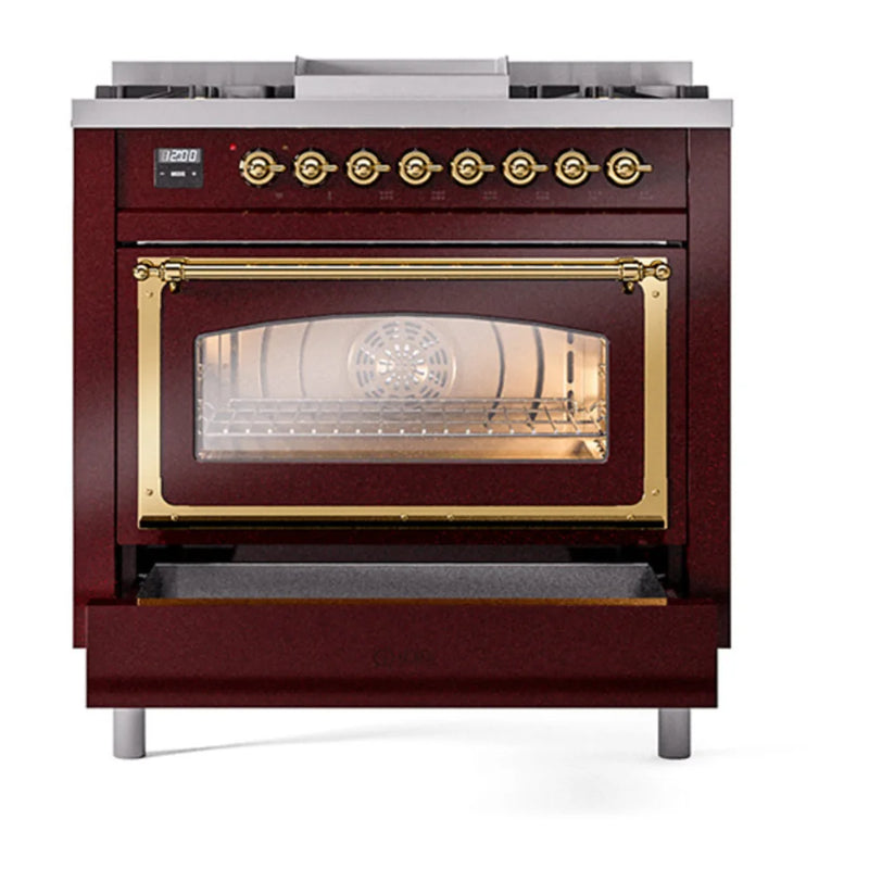 ILVE Nostalgie II Noblesse 36" Dual Fuel Freestanding Range in Burgundy with Brass Trim, UN36FNMPBUG