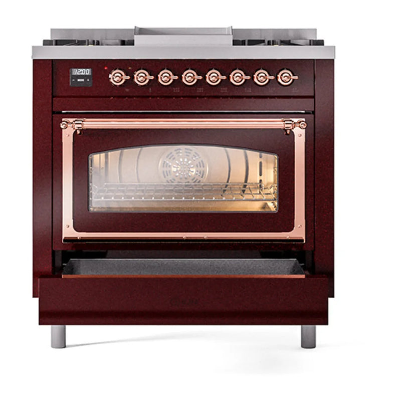 ILVE Nostalgie II Noblesse 36" Dual Fuel Freestanding Range in Burgundy with Copper Trim, UN36FNMPBUPLP