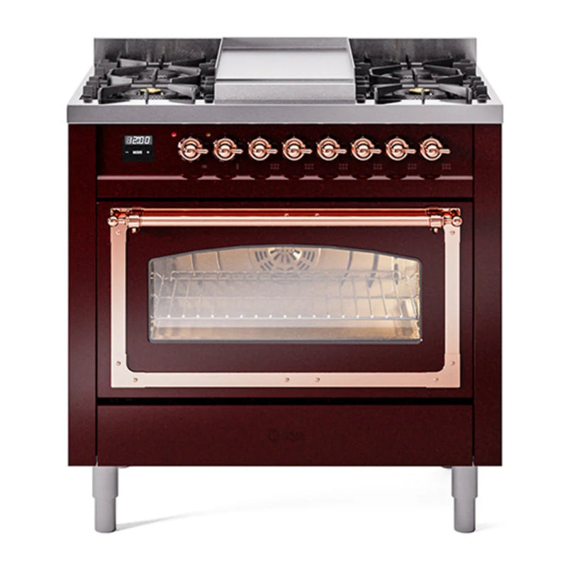 ILVE Nostalgie II Noblesse 36" Dual Fuel Freestanding Range in Burgundy with Copper Trim, UN36FNMPBUP