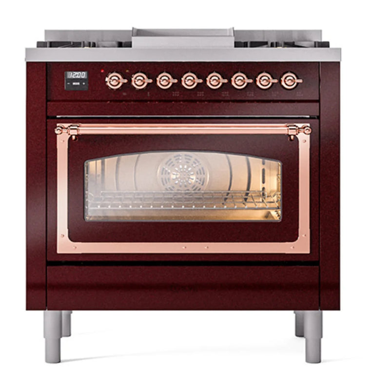 ILVE Nostalgie II Noblesse 36" Dual Fuel Freestanding Range in Burgundy with Copper Trim, UN36FNMPBUP