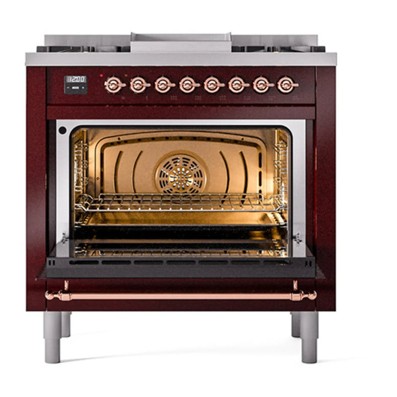 ILVE Nostalgie II Noblesse 36" Dual Fuel Freestanding Range in Burgundy with Copper Trim, UN36FNMPBUP