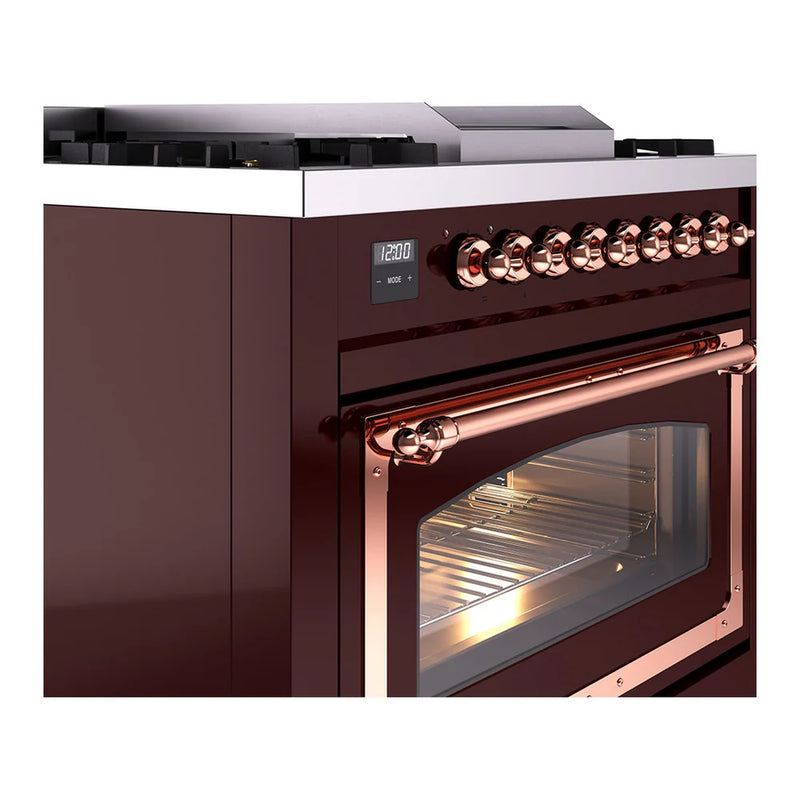 ILVE Nostalgie II Noblesse 36" Dual Fuel Freestanding Range in Burgundy with Copper Trim, UN36FNMPBUP