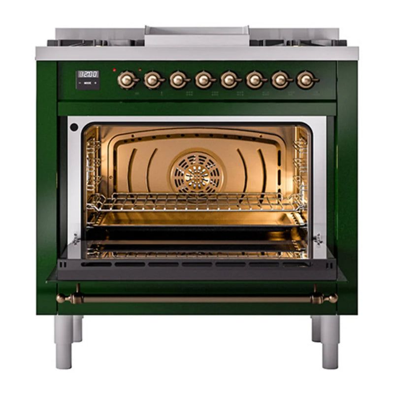 ILVE Nostalgie II Noblesse 36" Dual Fuel Freestanding Range in Emerald Green with Burnished Trim, UN36FNMPEGBLP