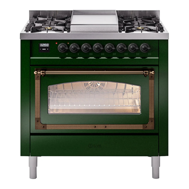 ILVE Nostalgie II Noblesse 36" Dual Fuel Freestanding Range in Emerald Green with Burnished Trim, UN36FNMPEGB